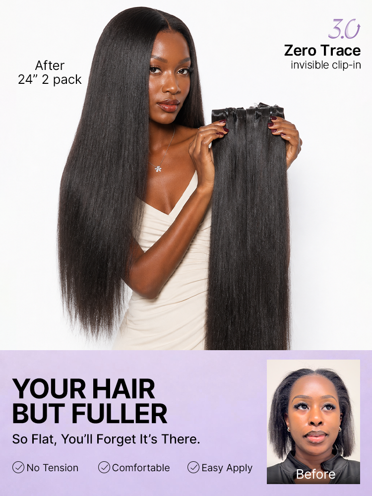 Luvme Hair Yaki Straight 0.59mm clip-in hair extensions, seamless, lightweight, 100g, designed for natural everyday styling