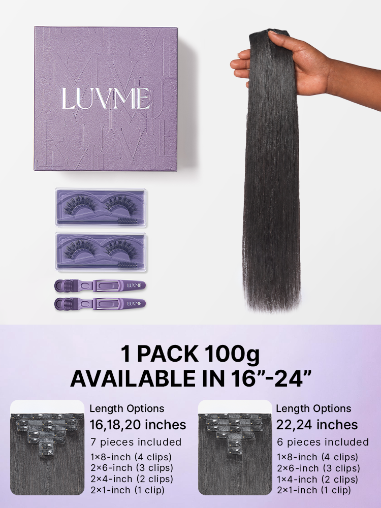 Luvme Hair Yaki Straight clip-in hair extensions in 0.59mm invisible seamless blend, lightweight 100g 7pcs for daily styling