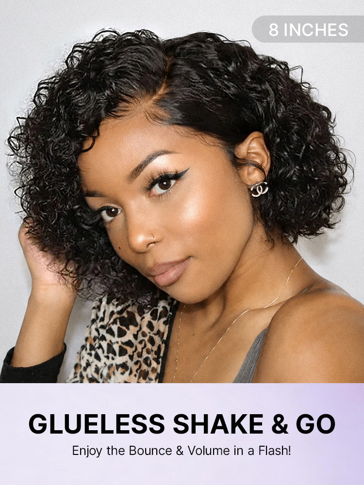 Luvme short cut curly minimalist HD lace glueless side part wig made of 100% human hair with pre-cut lace, natural style.