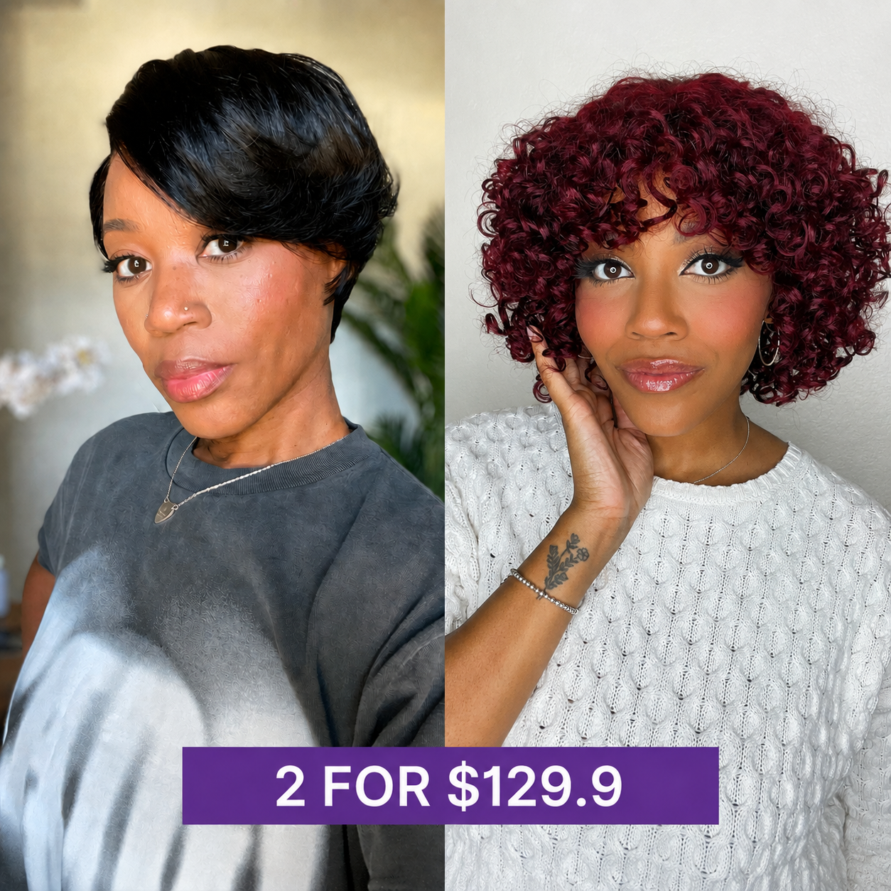 2 For $129.9 | 8 Inches Dark Red Water Wave Glueless Minimalist Lace Curly Wig with Bangs + 6 Inches Pixie Cut Minimalist HD Lace Glueless Wig Pre-Cut Lace-01