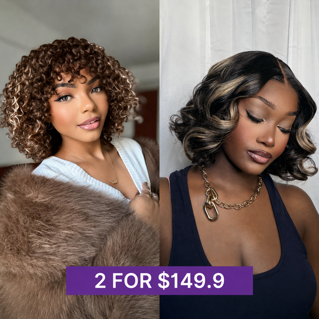 2 For $149.9 | 10 Inches Blonde Highlight Loose Wave Glueless Minimalist HD Lace T Part Wig+ 10 Inches Ash Blonde Highlights Water Wave Minimalist Lace Glueless Curly Wig-01