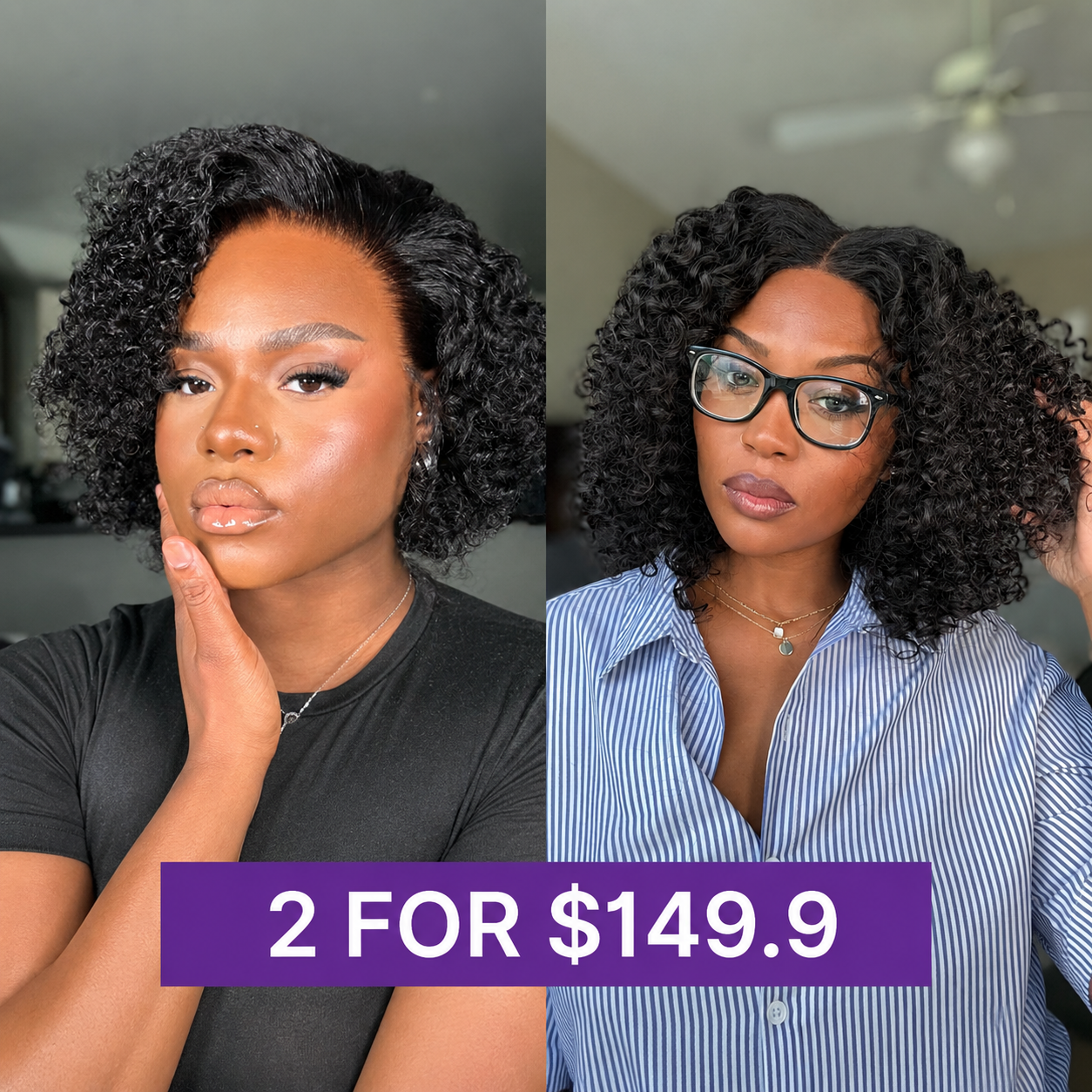 2 For $149.9 | 10 Inches  Short Curly Wig Glueless Ear-to-ear Wide T Lace Front Wig+ 10 Inches Natural Black Deep Curly Glueless 5x5 Closure Pre-Cut Lace Wig-01