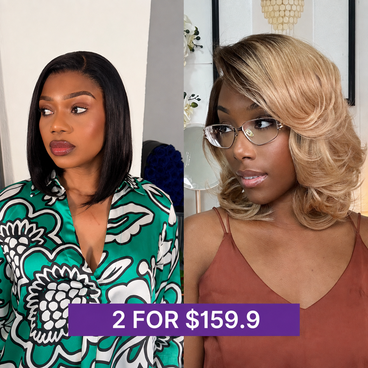 2 For $159.9 | 12 InchesOmbre Blonde Layered Cut Wavy HD Minimalist Lace Wig+ 14 Inches Blunt Cut Bob Glueless Minimalist HD Lace Wig-01