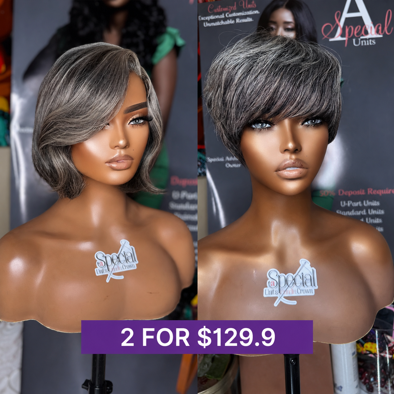 2 For $129.9 | 10 Inches Layered Bob Glueless Pre-Cut Minimalist HD Lace Grey Wig + 6 Inches Short Pixie Cut Glueless Wig with Bangs-01