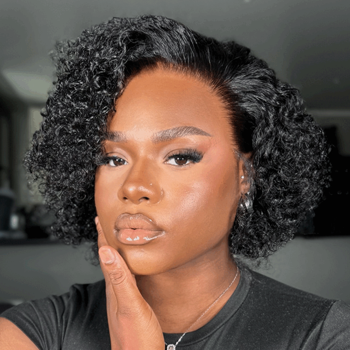 2 For $149.9 | 10 Inches  Short Curly Wig Glueless Ear-to-ear Wide T Lace Front Wig+ 10 Inches Natural Black Deep Curly Glueless 5x5 Closure Pre-Cut Lace Wig-06