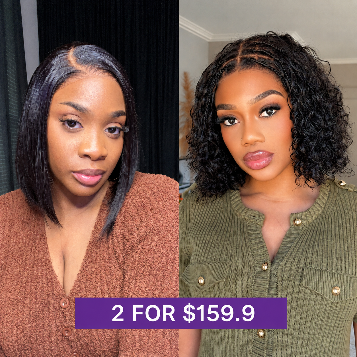 2 For $159.9 | 10 Inches Natural Black C Part Glueless Lace Front Bob Wig+ 10 Inches Braids Deep Curly Glueless 5x5 Closure Lace-01