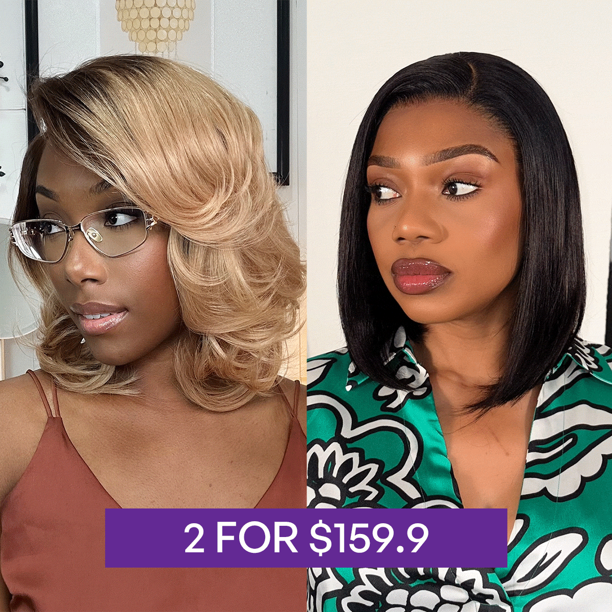 2 For $159.9 | 12 InchesOmbre Blonde Layered Cut Wavy HD Minimalist Lace Wig+ 14 Inches Blunt Cut Bob Glueless Minimalist HD Lace Wig-05