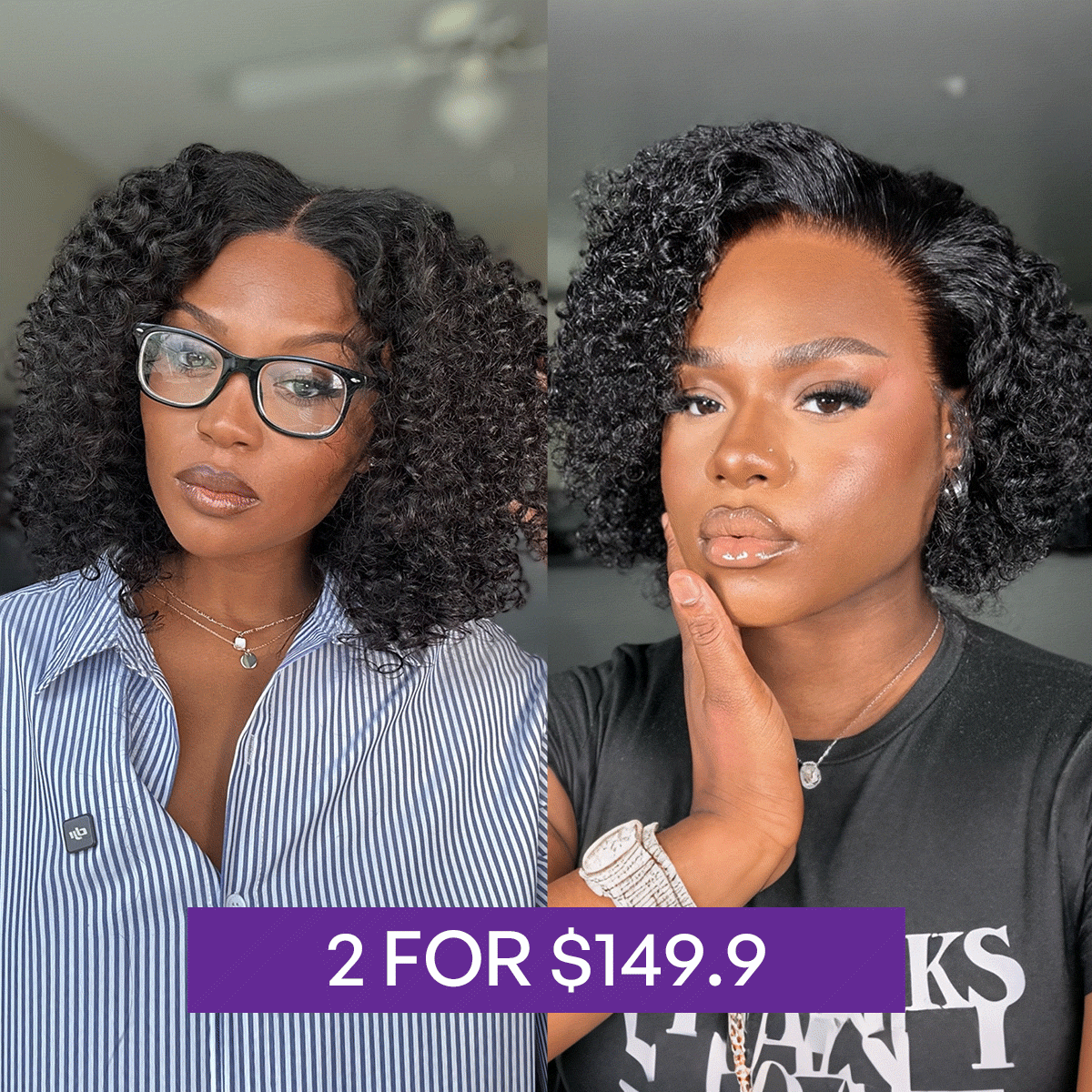 2 For $149.9 | 10 Inches  Short Curly Wig Glueless Ear-to-ear Wide T Lace Front Wig+ 10 Inches Natural Black Deep Curly Glueless 5x5 Closure Pre-Cut Lace Wig-07