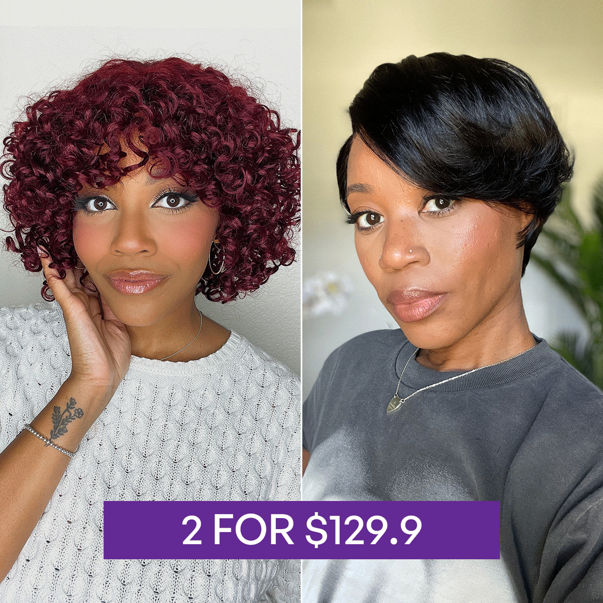 2 For $129.9 | 8 Inches Dark Red Water Wave Glueless Minimalist Lace Curly Wig with Bangs + 6 Inches Pixie Cut Minimalist HD Lace Glueless Wig Pre-Cut Lace-07