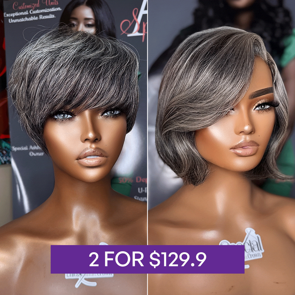 2 For $129.9 | 10 Inches Layered Bob Glueless Pre-Cut Minimalist HD Lace Grey Wig + 6 Inches Short Pixie Cut Glueless Wig with Bangs-07