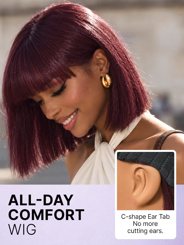 Reddish Purple Realistic Glueless Yaki Straight Bob with Bangs Minimalist Lace Bob Wig All-Day Comfort Cap-37