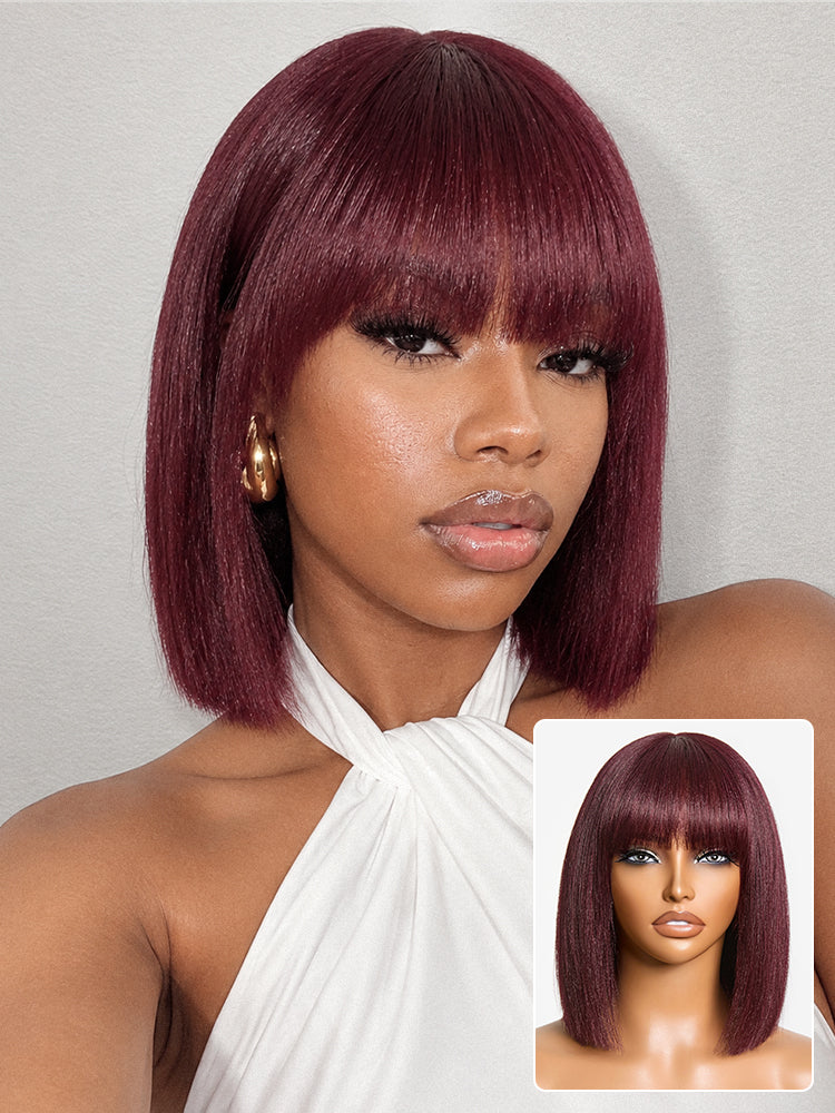 Reddish Purple Realistic Glueless Yaki Straight Bob with Bangs Minimalist Lace Bob Wig All-Day Comfort Cap-34
