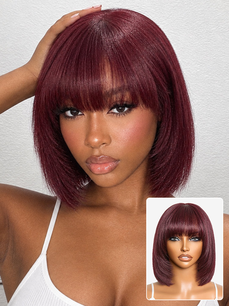New Customers Only | Reddish Purple Realistic Glueless Yaki Straight Bob with Bangs Minimalist Lace Bob Wig All-Day Comfort Cap-27