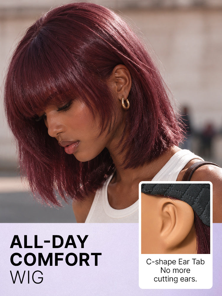 New Customers Only | Reddish Purple Realistic Glueless Yaki Straight Bob with Bangs Minimalist Lace Bob Wig All-Day Comfort Cap-30