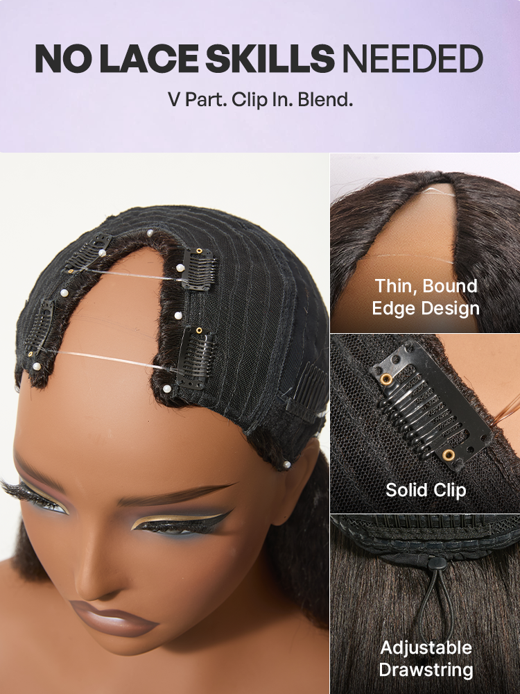 250% Density Kinky Straight Glueless V Part Wig 100% Human Hair with Flexi‑Fit Drawstring-03