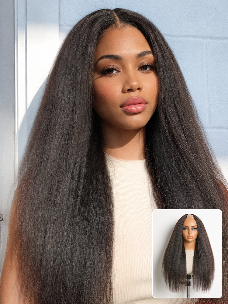 250% Density Kinky Straight Glueless V Part Wig 100% Human Hair with Flexi‑Fit Drawstring-01