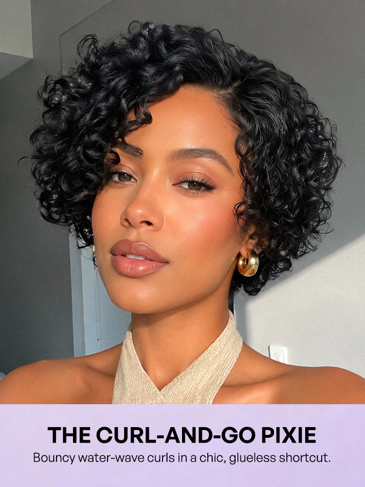 Natural Black / Brown Highlight Water Wave Pixie Cut Glueless Minimalist HD Lace Short Curly Wig-72