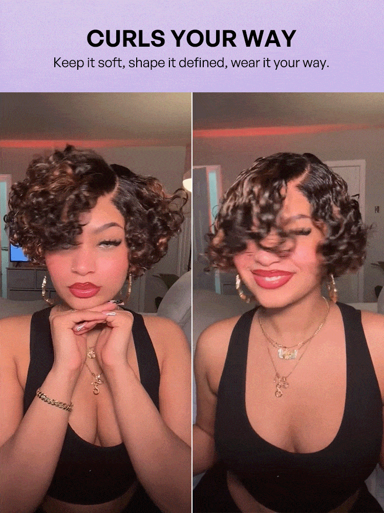 Natural Black / Brown Highlight Water Wave Pixie Cut Glueless Minimalist HD Lace Short Curly Wig-76