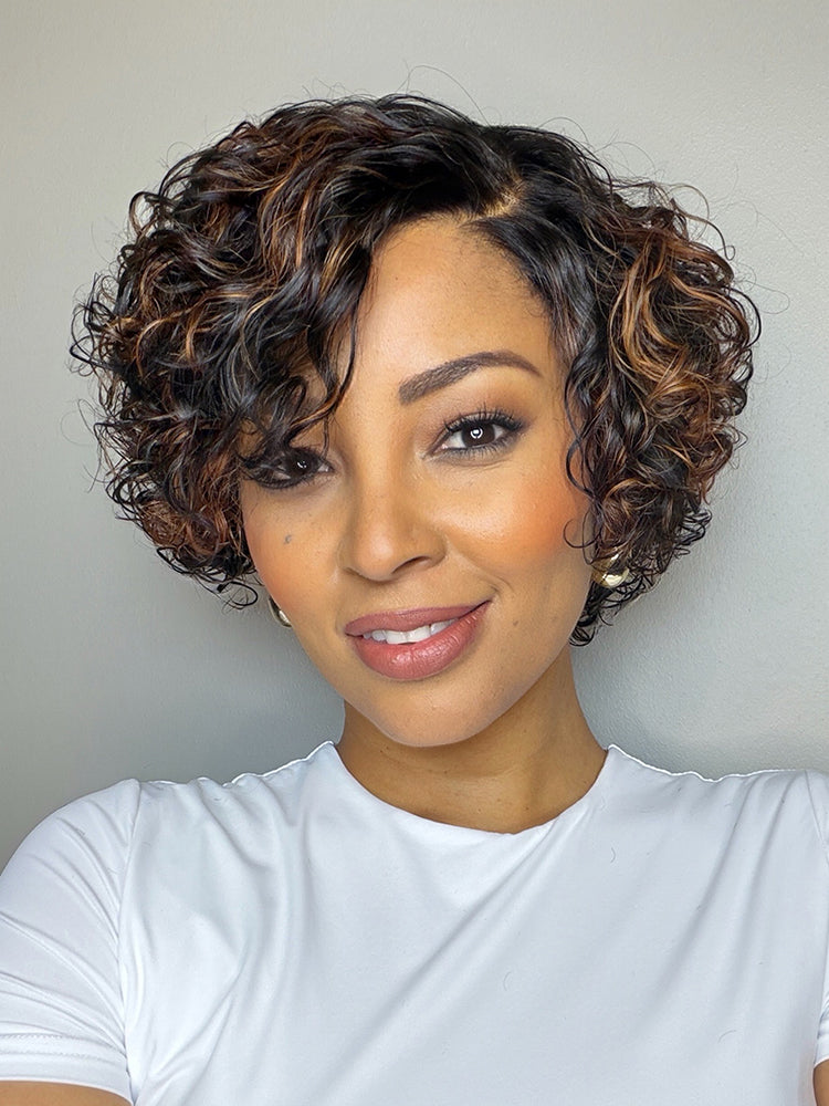 Natural Black / Brown Highlight Water Wave Pixie Cut Glueless Minimalist HD Lace Short Curly Wig-77