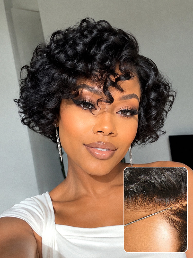 Natural Black / Brown Highlight Water Wave Pixie Cut Glueless Minimalist HD Lace Short Curly Wig