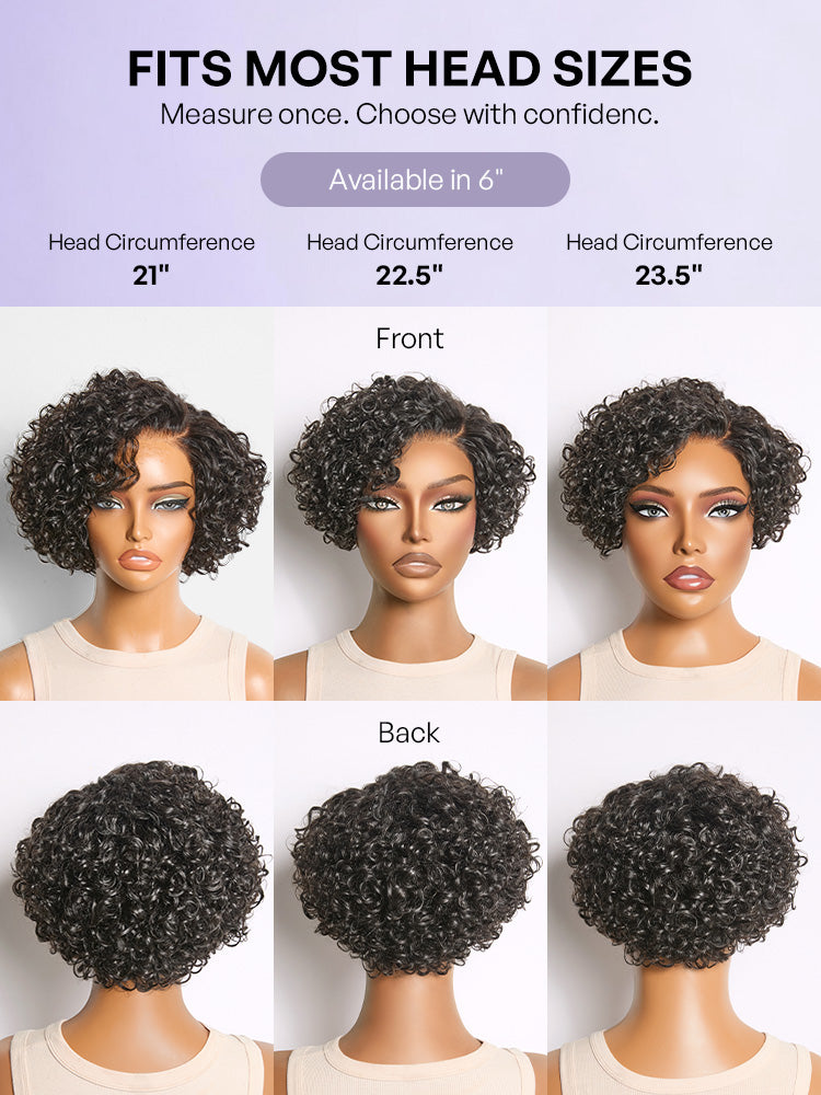 Natural Black / Brown Highlight Water Wave Pixie Cut Glueless Minimalist HD Lace Short Curly Wig-80