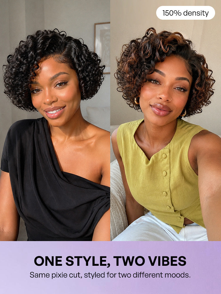 Natural Black / Brown Highlight Water Wave Pixie Cut Glueless Minimalist HD Lace Short Curly Wig-78