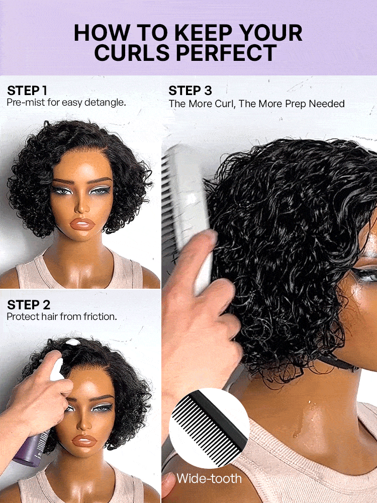 Natural Black / Brown Highlight Water Wave Pixie Cut Glueless Minimalist HD Lace Short Curly Wig-73