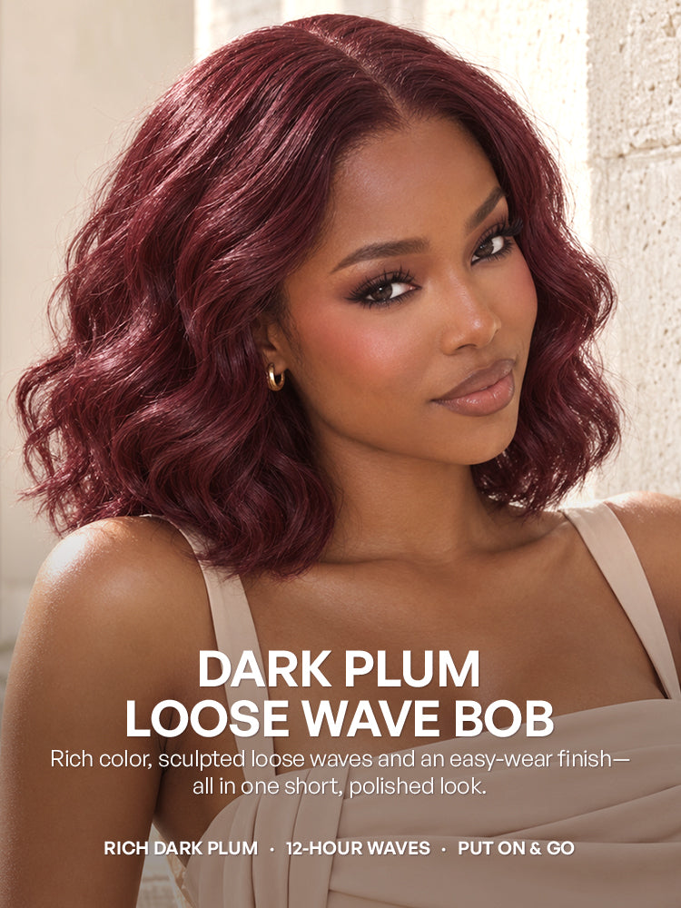 New Customers Only | Dark Plum 99J Color Wig Loose Wave Minimalist HD Lace Glueless Mid Part Short Wig Pre-cut Lace-09