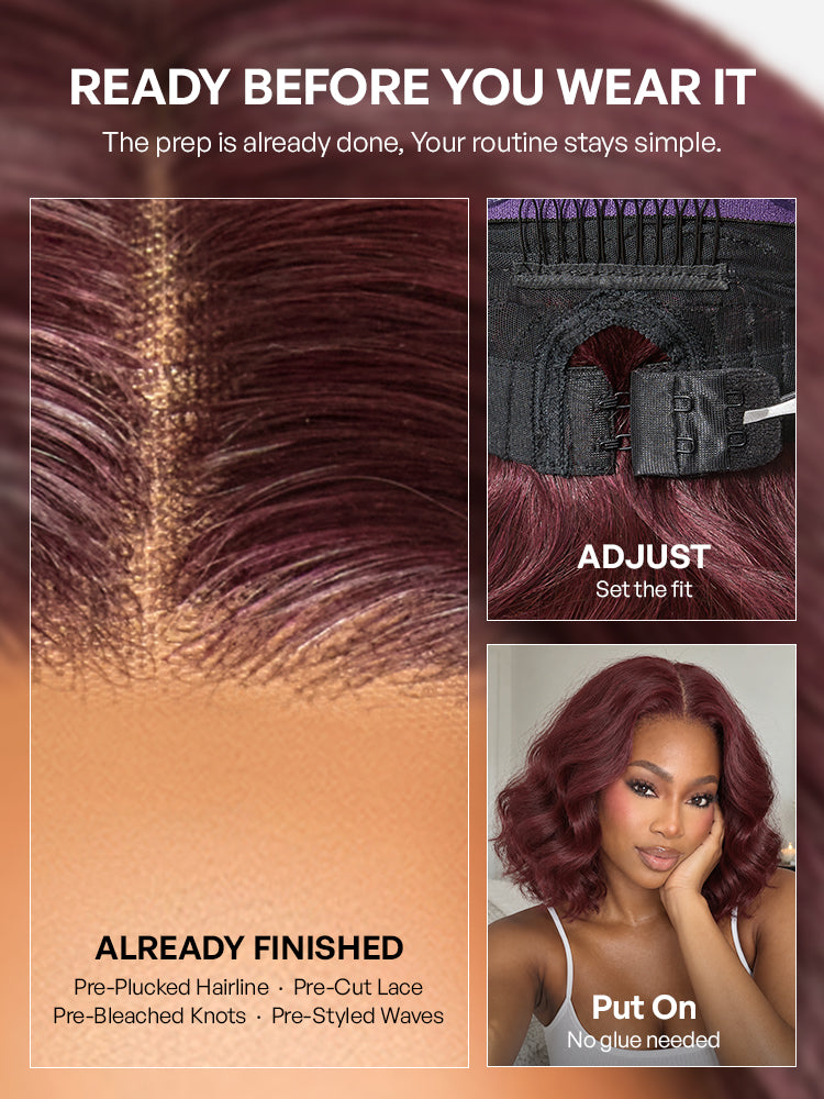 New Customers Only | Dark Plum 99J Color Wig Loose Wave Minimalist HD Lace Glueless Mid Part Short Wig Pre-cut Lace-14