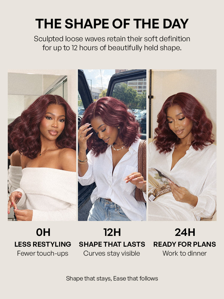 New Customers Only | Dark Plum 99J Color Wig Loose Wave Minimalist HD Lace Glueless Mid Part Short Wig Pre-cut Lace-13