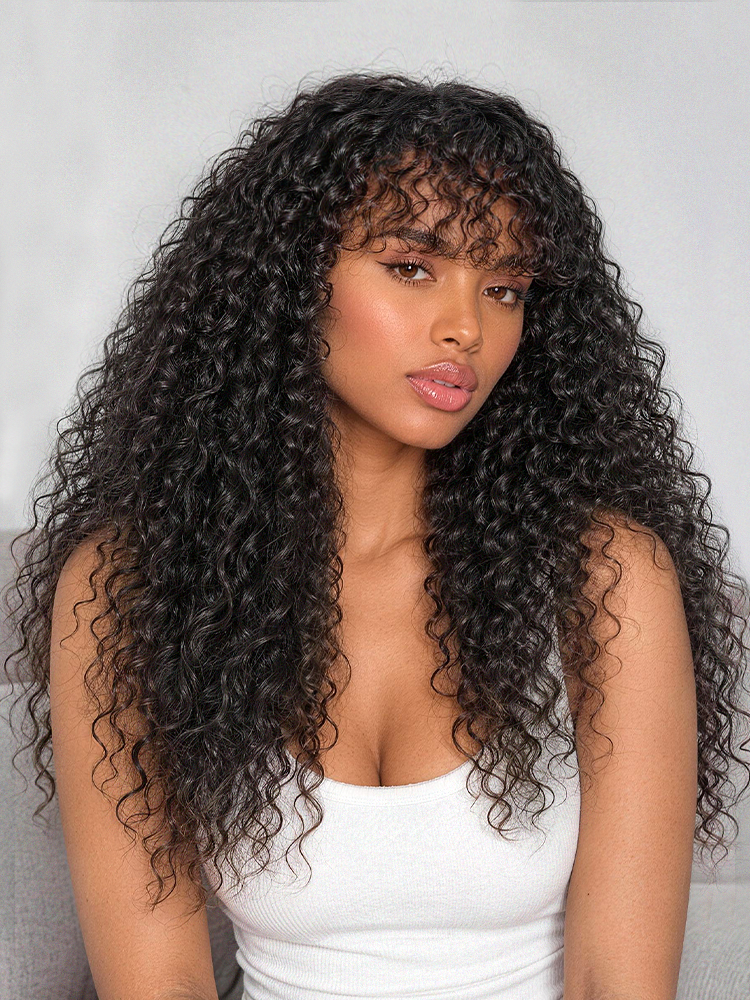 Beginner Friendly 200% Density Kinky Curly with Bangs Glueless 5x5 Closure Pre-Cut Lace Wig All Head Sizes Fit Cap-23