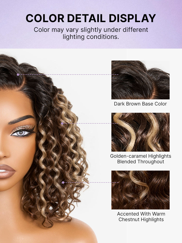 Ready to Go Blonde Highlight / Natural Black / Ombre Brown Water Wave Short Curly Bob Wig Glueless Minimalist HD Lace Wig Pre-Cut Lace-98
