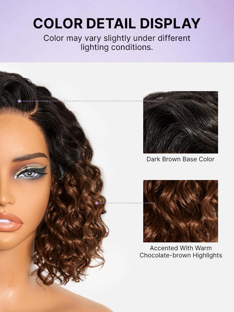 Ready to Go Blonde Highlight / Natural Black / Ombre Brown Water Wave Short Curly Bob Wig Glueless Minimalist HD Lace Wig Pre-Cut Lace-99