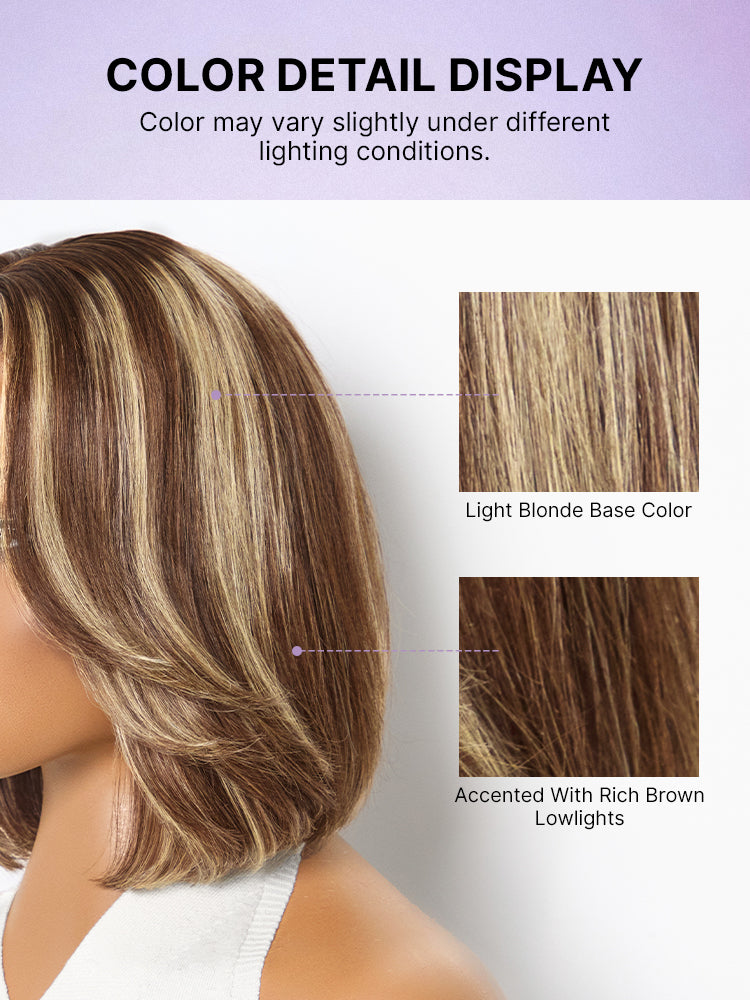 Blonde Highlight / Brown Highlight Short Layered Bob Wig Glueless 5x5 Closure Pre-Cut Lace Wig-61