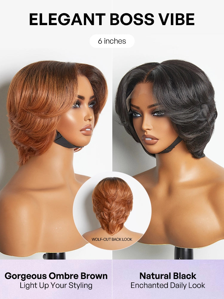 1 SEC INSTALL WIG | Elegant Boss Vibe Short Pixie Cut Natural Black / Ombre Brown Glueless Minimalist HD Lace Wig Pre Cut Lace-39