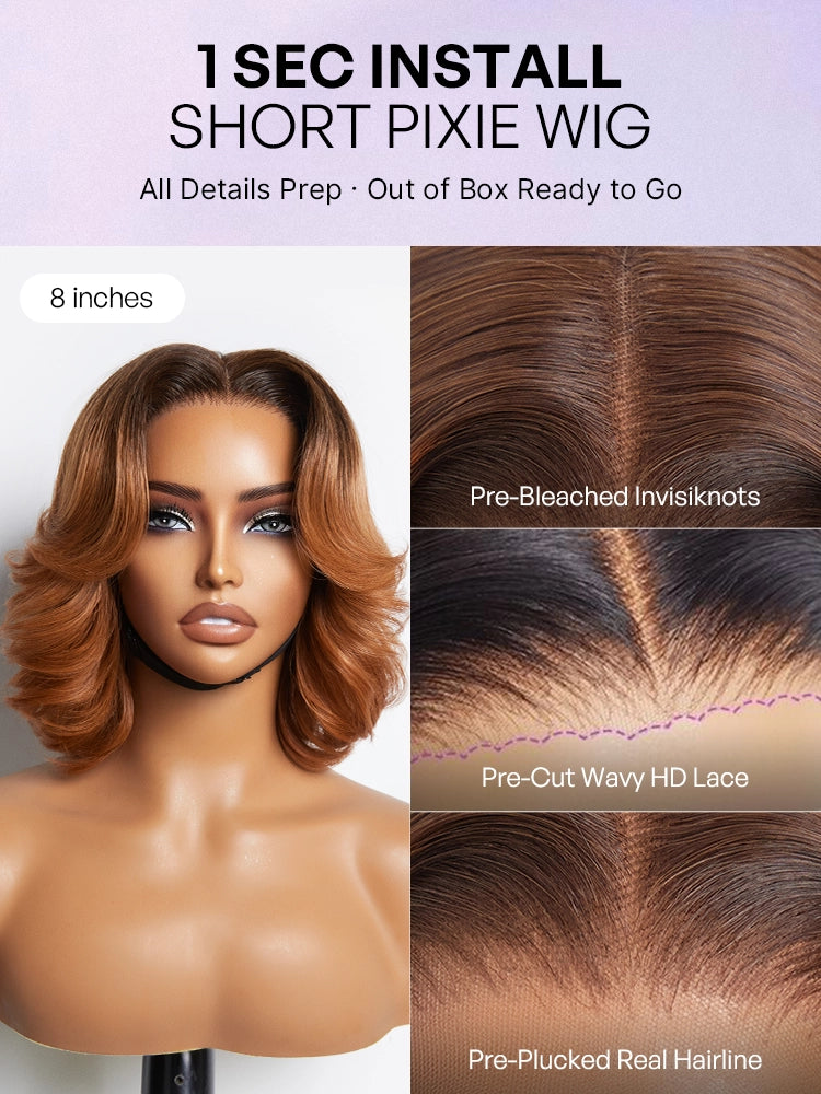 1 SEC INSTALL WIG | Elegant Boss Vibe Short Pixie Cut Natural Black / Ombre Brown Glueless Minimalist HD Lace Wig Pre Cut Lace-38