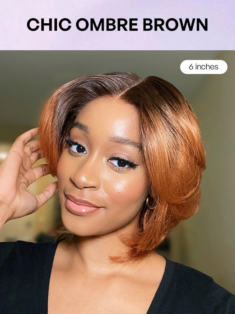 1 SEC INSTALL WIG | Elegant Boss Vibe Short Pixie Cut Natural Black / Ombre Brown Glueless Minimalist HD Lace Wig Pre Cut Lace-35