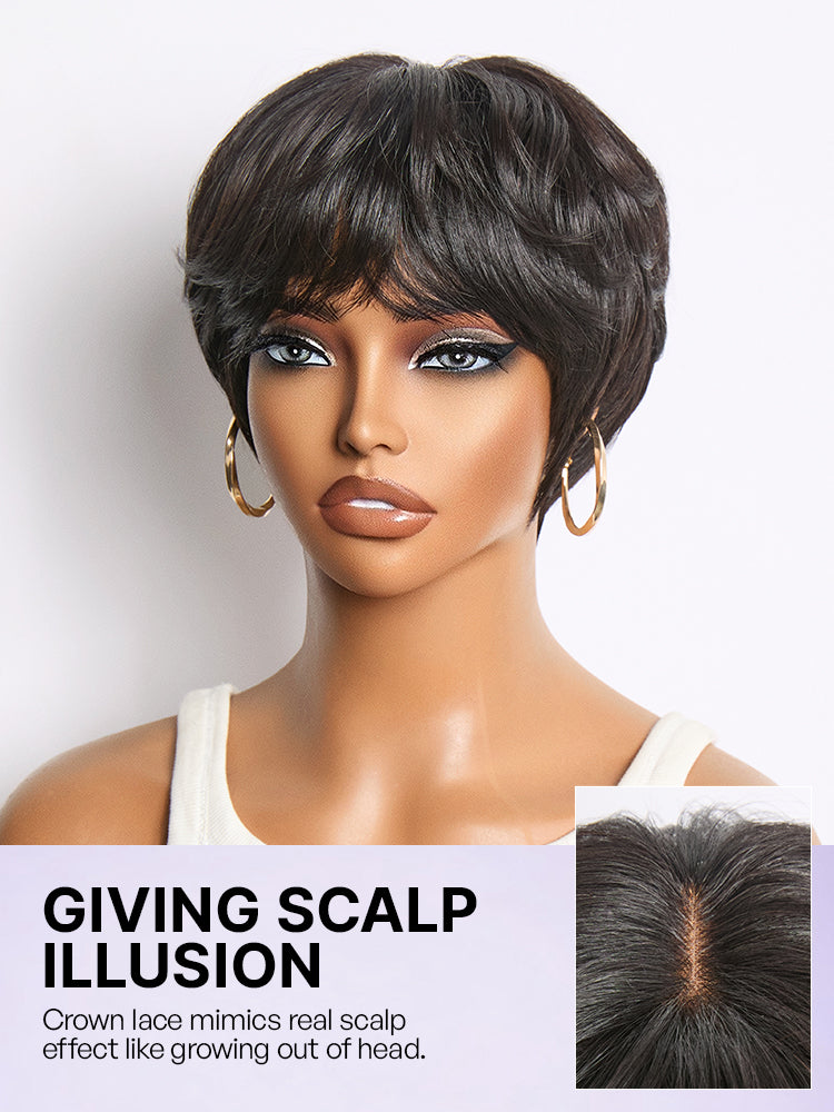 Throw On & Go Natural Black Pixie Cut with Bangs Glueless Minimalist Lace Wig-19