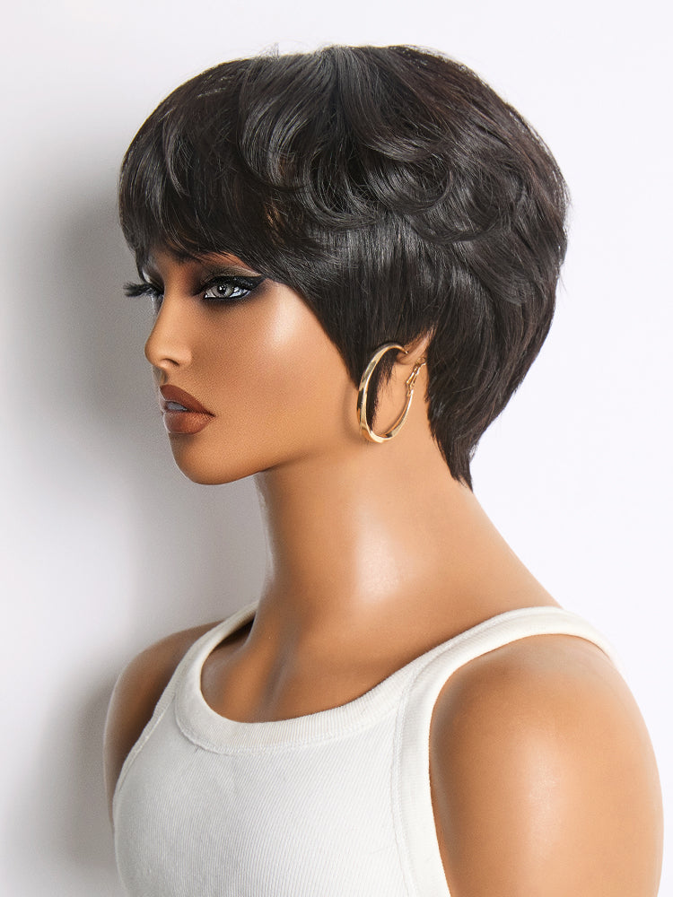 Throw On & Go Natural Black Pixie Cut with Bangs Glueless Minimalist Lace Wig-17