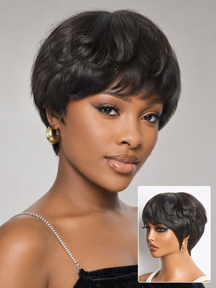 Throw On & Go Natural Black Pixie Cut with Bangs Glueless Minimalist Lace Wig-15