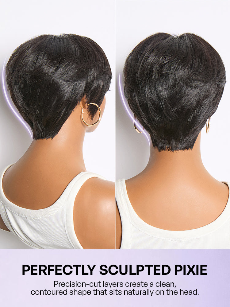 Throw On & Go Natural Black Pixie Cut with Bangs Glueless Minimalist Lace Wig-18