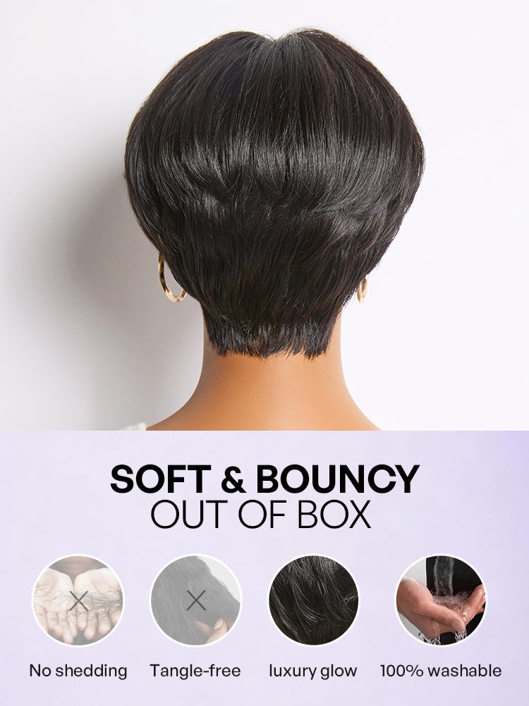 Throw On & Go Natural Black Pixie Cut with Bangs Glueless Minimalist Lace Wig-20