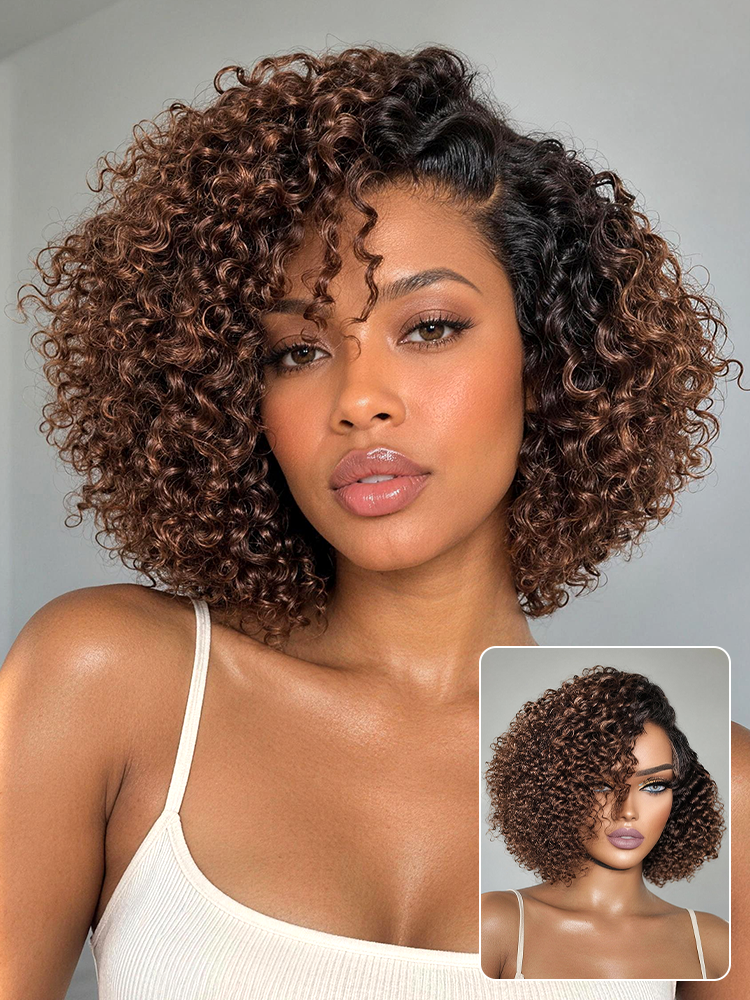 Soft-Shine Mocha Mousse Ombre - Fluffy Kinky Curl Glueless Minimalist HD Lace Wig Ready to Go-12