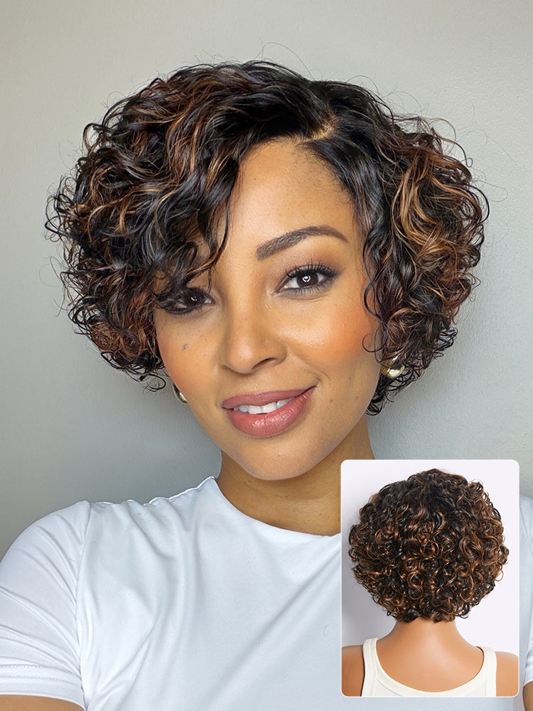 Brown Highlight Water Wave Pixie Cut Glueless Minimalist HD Lace Short Curly Wig-33