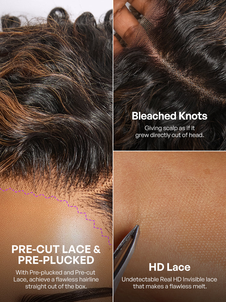 Brown Highlight Water Wave Pixie Cut Glueless Minimalist HD Lace Short Curly Wig-36