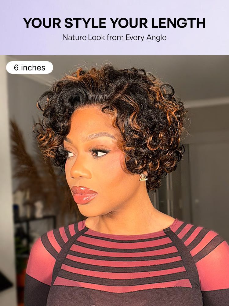 Brown Highlight Water Wave Pixie Cut Glueless Minimalist HD Lace Short Curly Wig-34
