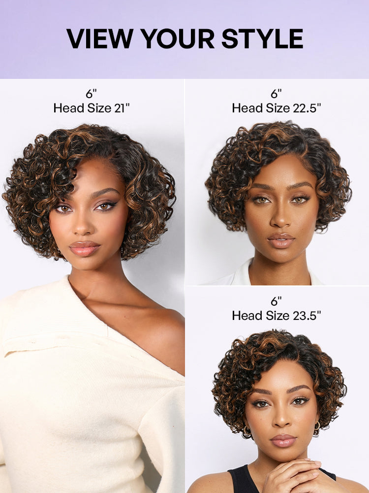 Brown Highlight Water Wave Pixie Cut Glueless Minimalist HD Lace Short Curly Wig-41