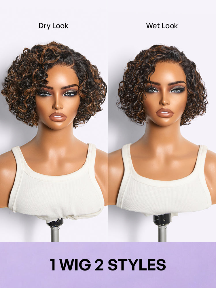 Brown Highlight Water Wave Pixie Cut Glueless Minimalist HD Lace Short Curly Wig-40
