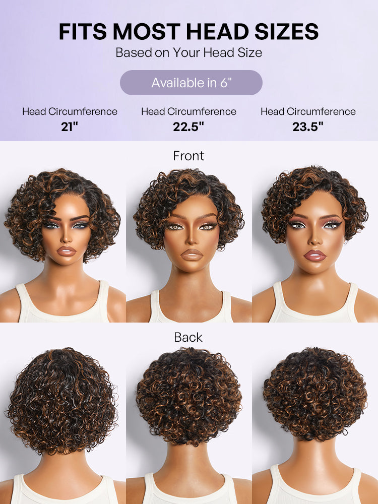 Brown Highlight Water Wave Pixie Cut Glueless Minimalist HD Lace Short Curly Wig-42