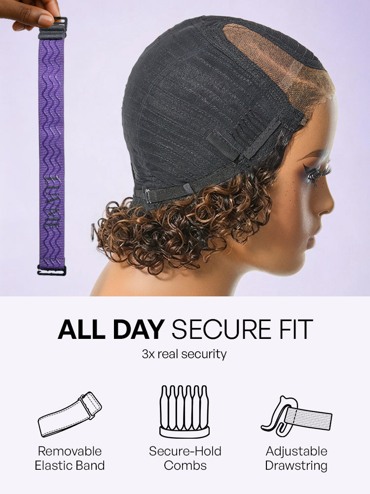 Brown Highlight Water Wave Pixie Cut Glueless Minimalist HD Lace Short Curly Wig-39